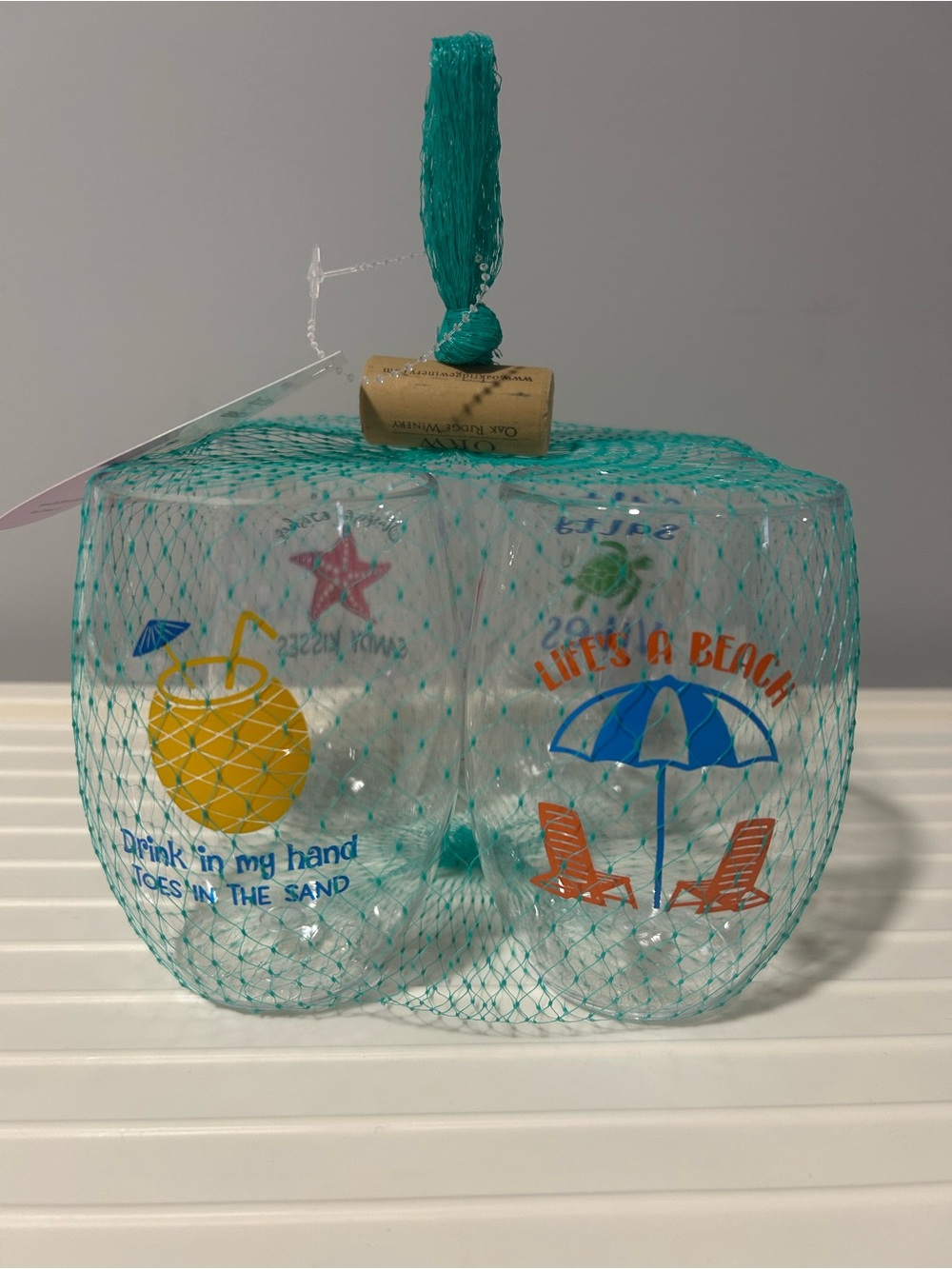 Beach themed plastic shatterproof stemless wine glasses 16oz - set includes 4
